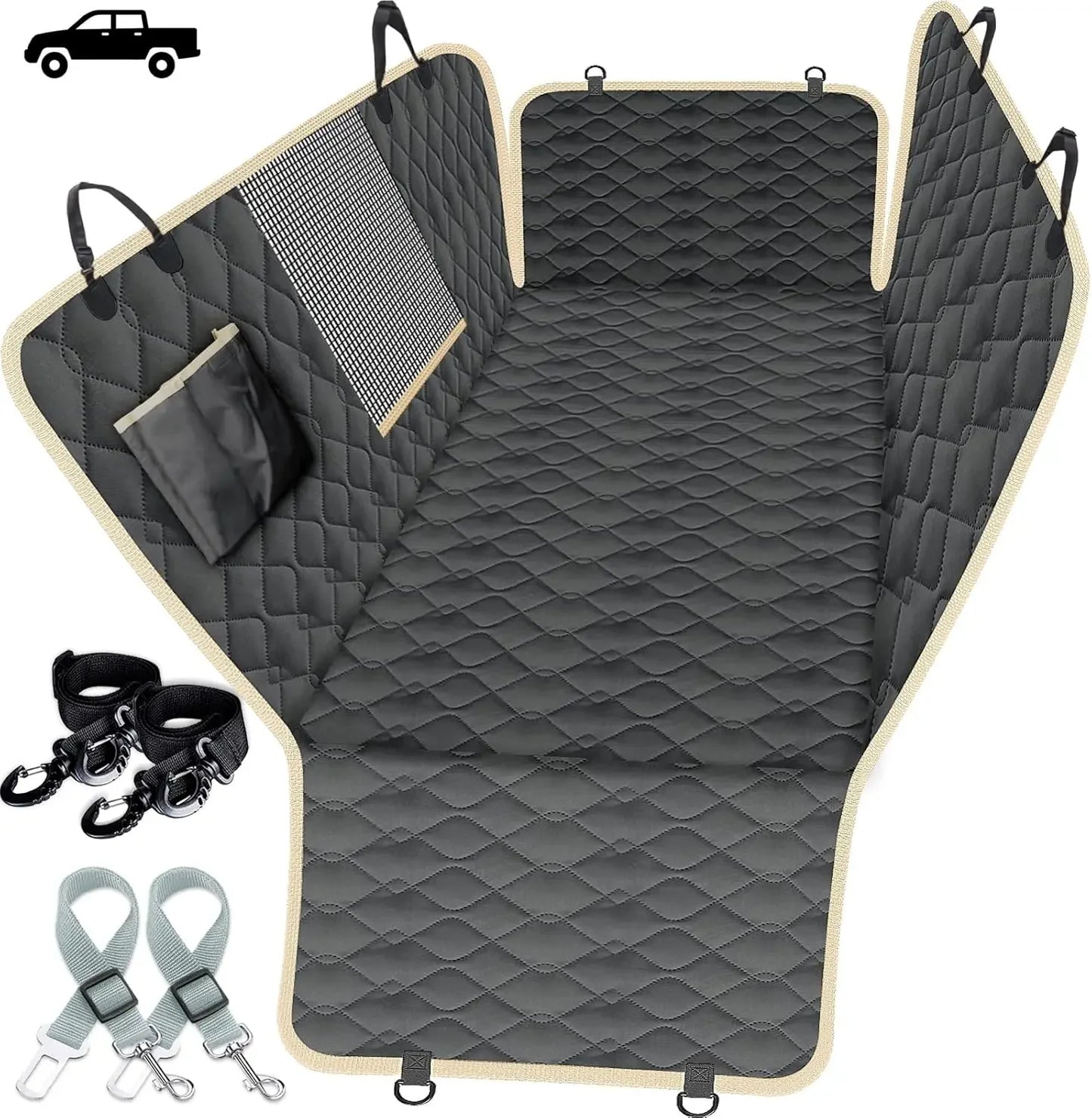 Truck Dog Car Seat Covers Back Seat, Waterproof Dog Car Hammock for Truck with 2 Dog Seat Belts and Storage Bags,