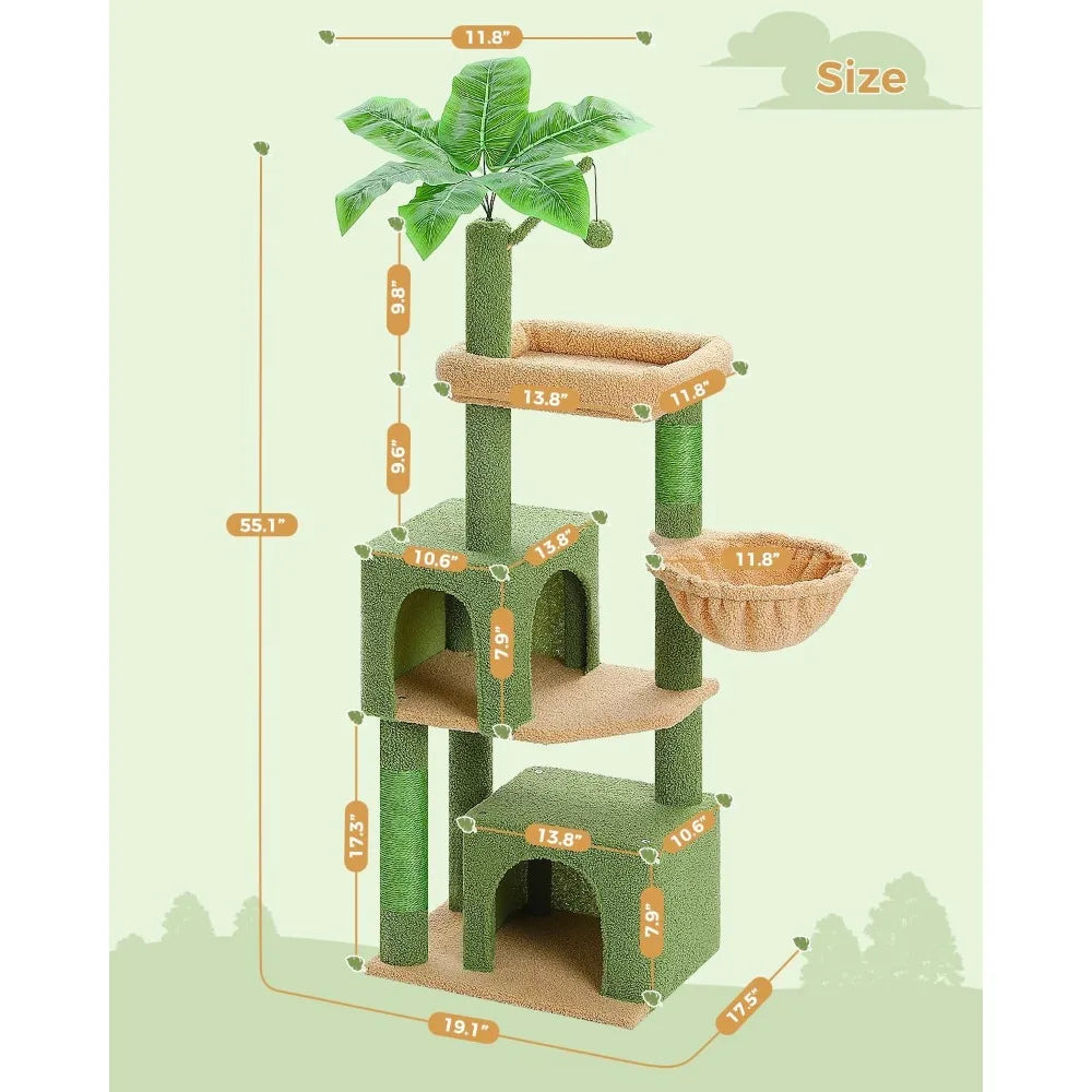 53-Inch Green Cat Tree with 2 Condos for Indoor Cats,Cat Tower with Scratching Posts for Small Cats,Cactus Cat Tree Tower
