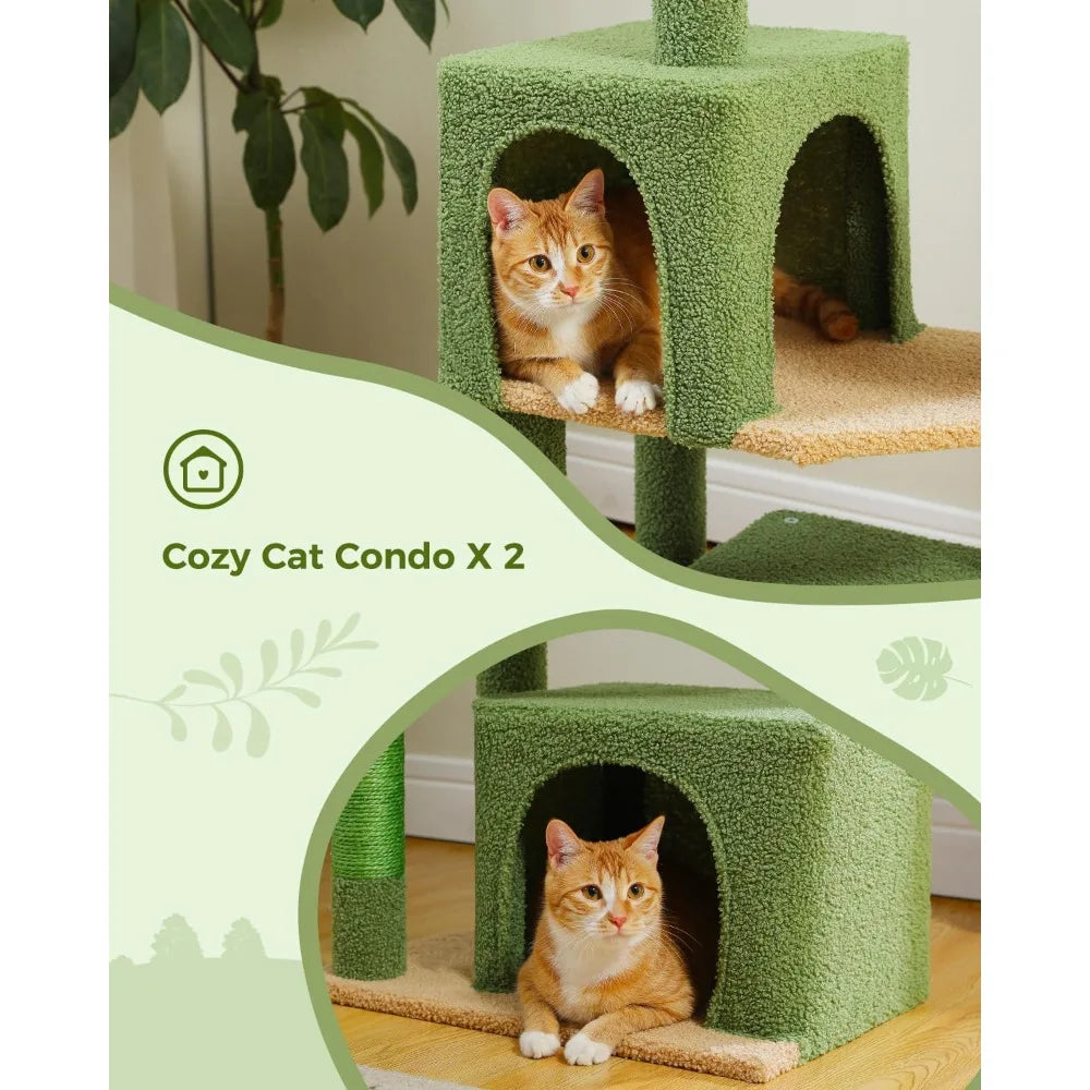 53-Inch Green Cat Tree with 2 Condos for Indoor Cats,Cat Tower with Scratching Posts for Small Cats,Cactus Cat Tree Tower